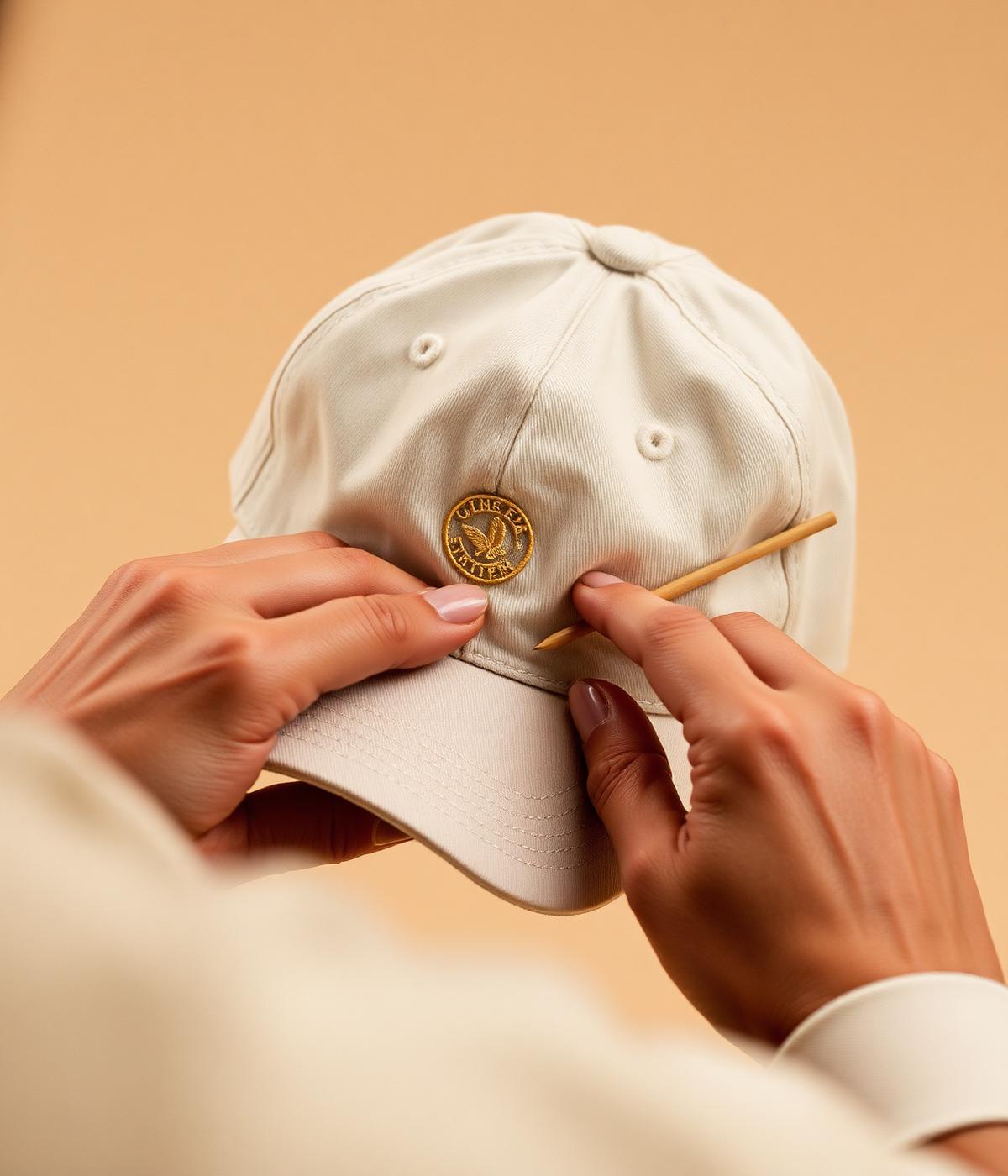 Hands embroidering a cream cap