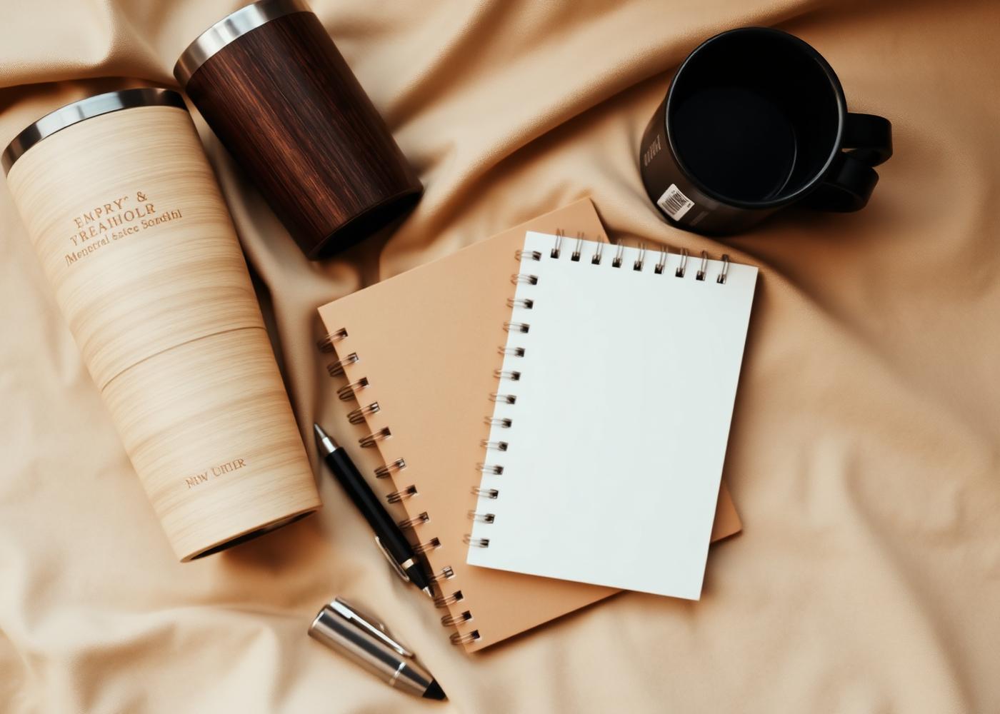 Engraved tumbler, notebook and pen on warm linen